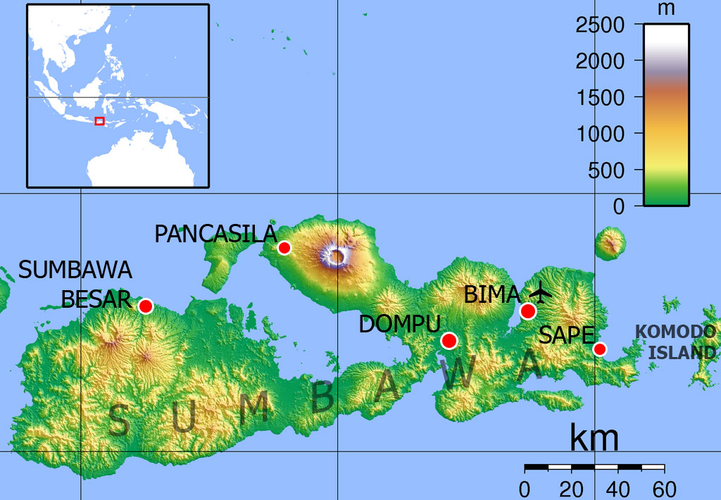 Map of Sumbawa showing location of Gunung Tambora and Pancasila